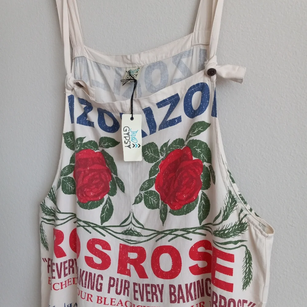 Jaded Gypsy Roses Flour Sack Market Fresh Overalls Cotton L/XL - Picture 5 of 16